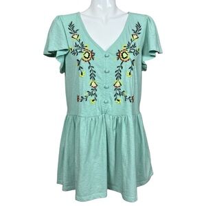 Lane Bryant V Neck Flutter Sleeve Embroidered Babydoll Blouse Top Size 14/16